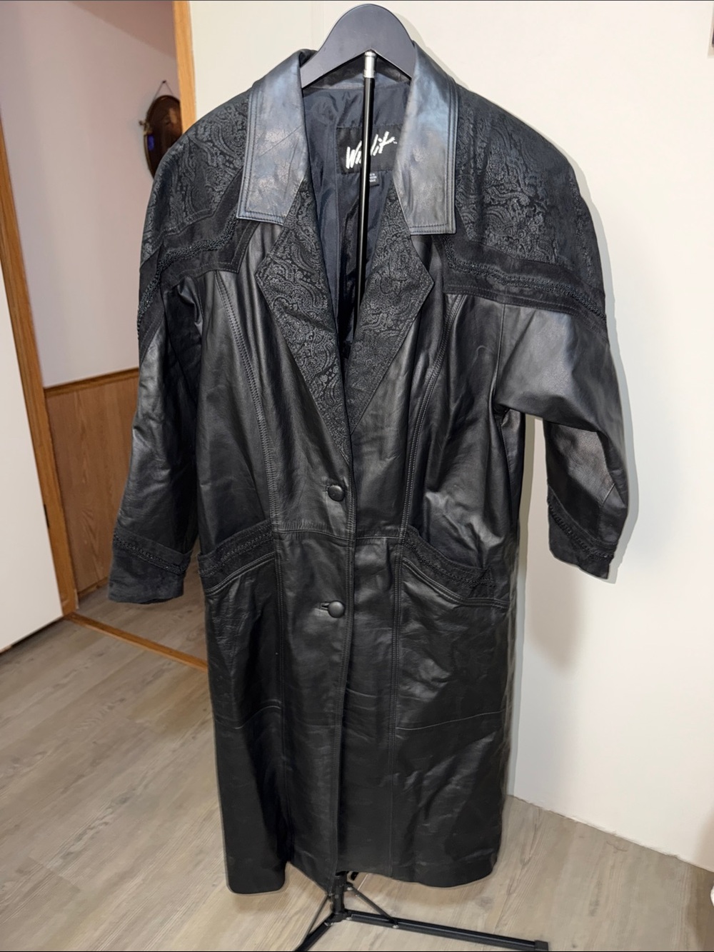 Winlit Black Leather Long Coat with Embossed Paneling